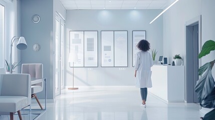 A female doctor in a white coat walks through a modern clinic.
