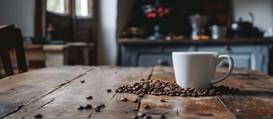 A table with a coffee cup and coffee beans.