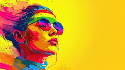 Naklejka premium A woman with bright makeup painted in the colors of the pride flag on a yellow background.