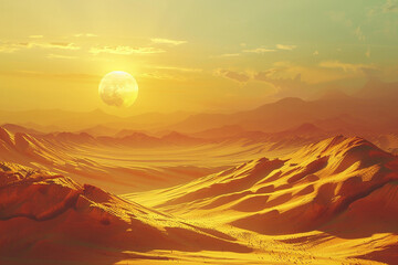 A surreal desert landscape with sand dunes shifting in the wind under a golden sun.