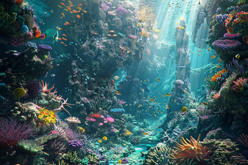 A surreal underwater seascape with colorful coral reefs and exotic marine life.