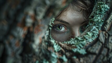 Curious Dryad Peeking from Moody Forest Depths with Enchanting Emerald Dress and Piercing Eyes