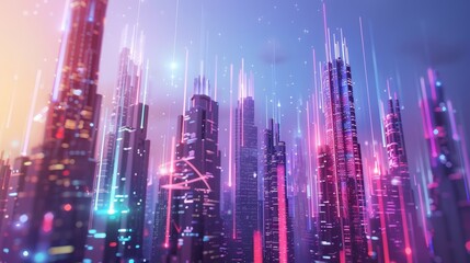 Fototapeta premium A futuristic city skyline with towering buildings emitting vibrant pulses of quantum energy symbolizing the integration of quantum technology into society..