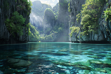 A tranquil lagoon surrounded by towering cliffs, its crystal-clear waters teeming with life.