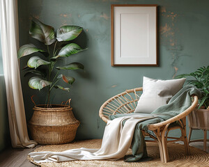 Frame Mock-up in Cozy Corner With Wicker Chair, Blanket and Plants in a Serene Indoor Setting