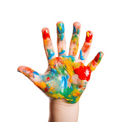 Open hands painted in colorful colors on a white background, symbolize creativity and joy....