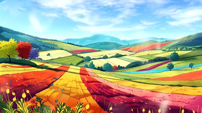Patchwork fields in rainbow colors. Surreal concept, anime illustration style, looping 4k video animation background