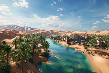 A tranquil oasis oasis oasis nestled amidst the rolling sand dunes of a desert landscape.