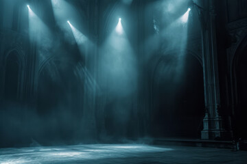 Obraz premium Stage lighting illuminates a dark background with spotlights, showcasing monochrome landscapes, sci-fi baroque, large canvas format, and a spectacular show of ages.