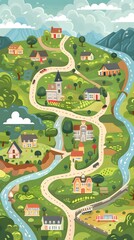 Navigational Vector Art Infographic Poster Depicting a Road Map with City and Countryside Landmarks, Illustrating Travel and Opportunity
