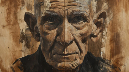 A painted image of an old man with a tattoo is presented, featuring ink wash collages, wood, emphasis on linear perspective, detailed facial features, and a crumpled texture.