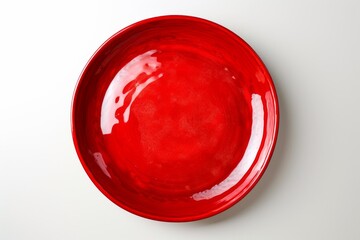 A red plate on a white background, featuring realistic watercolors, chalk, an aerial view, and rounded forms.