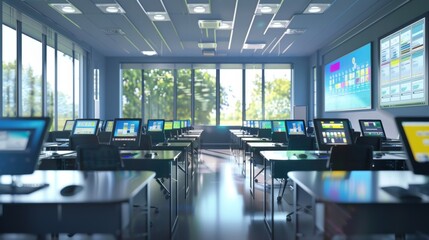 A classroom filled with desks equipped with interactive screens allowing students to engage with personalized content designed to meet their specific learning styles..