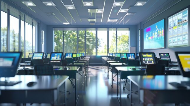 A classroom filled with desks equipped with interactive screens allowing students to engage with personalized content designed to meet their specific learning styles..