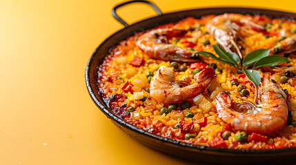 top view of Traditional Spanish dish of seafood paella. Copy space, on yellow background.