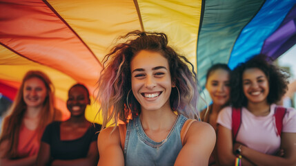 Happy group under a large rainbow flag.