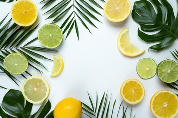 White background with palm leaves, lemon and lime slices. Modern product display for advertising and presentation of refreshing summer drinks, natural cosmetics - generative ai