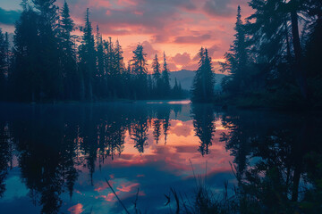 A vibrant sunset reflecting on a still lake surrounded by towering trees.