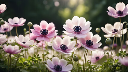 Abstract, beautiful anemone flowers with soft focus in spring or summer on a white background