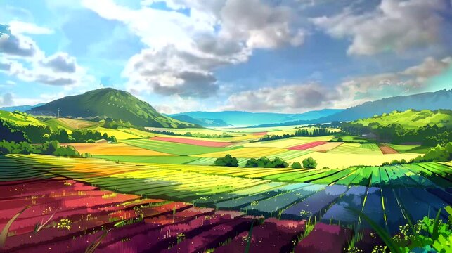 Patchwork fields in rainbow colors. Surreal concept, anime illustration style, looping 4k video animation background