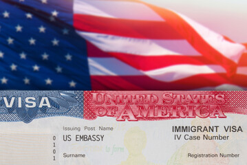 Immigration VISA United States of America. Green Card US Permanent resident for family. Work and Travel documents. US Immigrant. Embassy USA. Visa in passport. American flag. U.S.A. Government