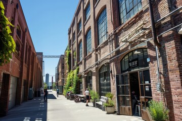 Explore the contrast between old and new in a warehouse district undergoing gentrification, where sleek modern lofts and trendy cafes coexist, Generative AI