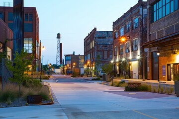 Fototapeta premium Explore the gritty industrial charm of a warehouse district at dusk, where towering brick buildings and rusty old structures create a labyrinth,Generative AI