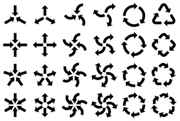 様々な形の集中・拡散・回転する矢印のベクターイラストセット