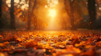 Autumn background with golden leaves on the ground in a park at sunset. A beautiful autumn landscape. An autumn concept.