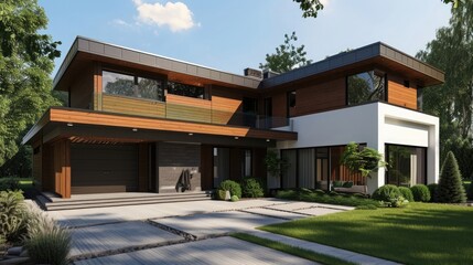 Fototapeta na wymiar Design a 3D render showcasing a modern, isolated residence with distinctive wooden features and an attached garage