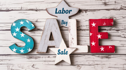Labor Day Sale sign with star decorations on wooden background