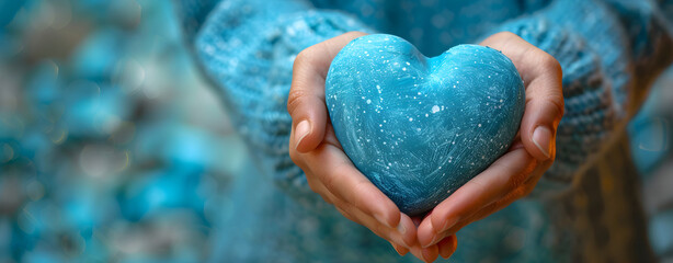 Hand holding a blue heart symbolizing support for world health day and mental health concept.