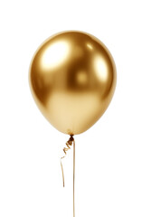 Shiny gold balloons on thin strings, floating against a pure white background. Generative AI