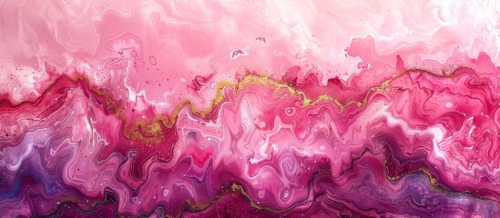 Abstract artwork showing a detailed close-up of dynamic swirls and patterns created with pink and purple fluid paints
