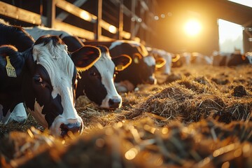 Portrait of a group of cow eating hay under a cow shade in cow farm with a big space for text or product advertisement background, Generative AI.