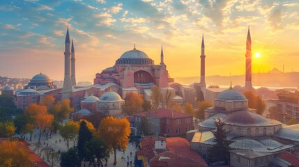 Beautiful view on Hagia Sophia from top view at sunset