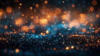 Abstract shiny golden background with turquoise bokeh lights and glitter on a black texture featuring soft gold lights and bokeh.