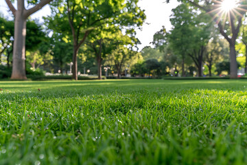 during sunset. Beautiful natural landscape green grass in the summer time.