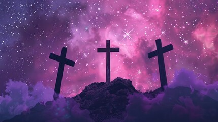 Silhouette of Three Crosses with Stars and Love