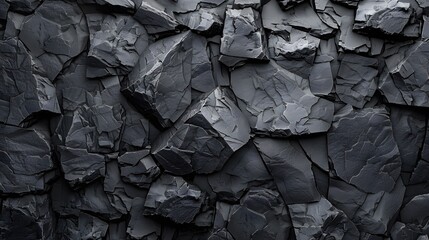 Black stone texture background, 3d rendering illustration of black stones wall pattern, top view. Background design for dark wallpaper, cover or banner with rough rocks surface. 