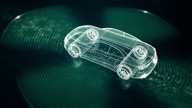 Advanced motion graphics illustrate an autonomous vehicle equipped with self-awareness and comprehensive environmental sensing, capable of operating independently without human involvement