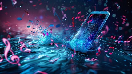 A smartphone flying with musical beats and waves illustration with music instrument concept against a clean blue backdrop and space for text, Generative AI.