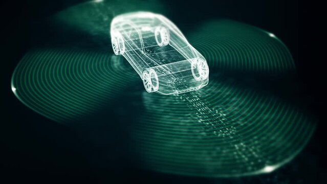 Advanced motion graphics illustrate an autonomous vehicle equipped with self-awareness and comprehensive environmental sensing, capable of operating independently without human involvement