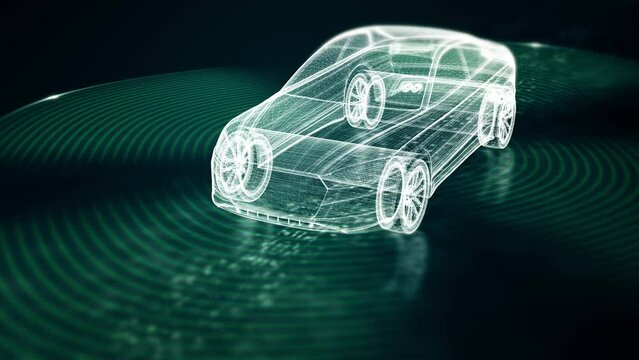 Advanced motion graphics illustrate an autonomous vehicle equipped with self-awareness and comprehensive environmental sensing, capable of operating independently without human involvement
