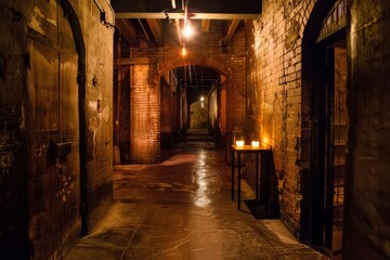 Venture into the hidden speakeasies and underground clubs of a warehouse district, where secret entrances and dimly lit interiors offer refuge, Generative AI