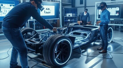 Obraz premium Team of Automobile design engineers working in virtual reality 3D model prototype of electric car. Automotive innovation technology facility.