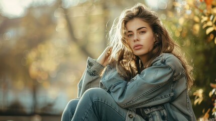 Fashion portrait of stylish beautiful woman in trendy jackets at outdoor.