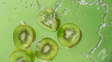 Water splashes with kiwi fruit slices on a green background.