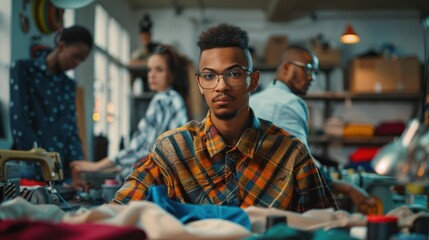 Fototapeta premium Young fashion designer man in sewing workshop. Professional man in clothing and material design working in a design studio.