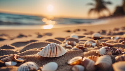 Shells on a sunny beach, on the ocean